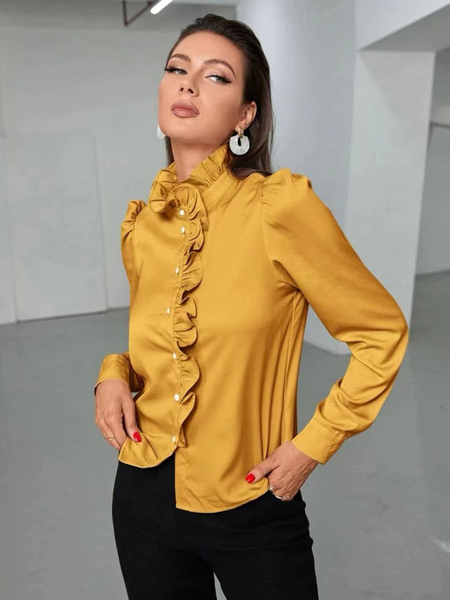 Image of Camicetta per donna Collo alto in poliestere dorato Bottoni casual con volant a cascata Top a maniche lunghe