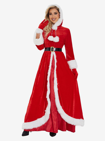 Image of Abito natalizio da donna Guanti in fibra di poliestere rosso Abito Costumi da festa di Natale bicolore in poliestere a fascia