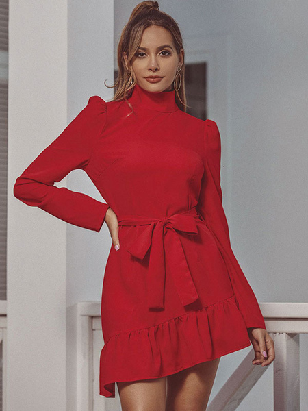 Skater Dresses Polyester High Collar Ruffles Red Sexy Long Sleeves Fit And Flare Dress