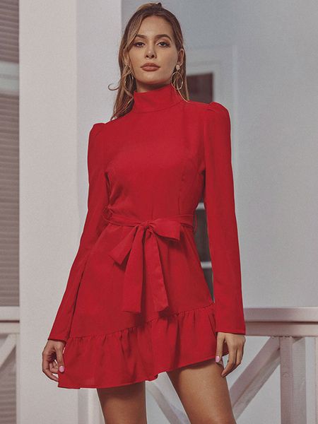 Skater Dresses Polyester High Collar Ruffles Red Sexy Long Sleeves Fit And Flare Dress