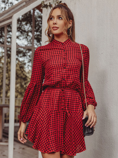 Skater Dresses Stand Collar Long Sleeves Ruffles Plaid Casual Flared Dress