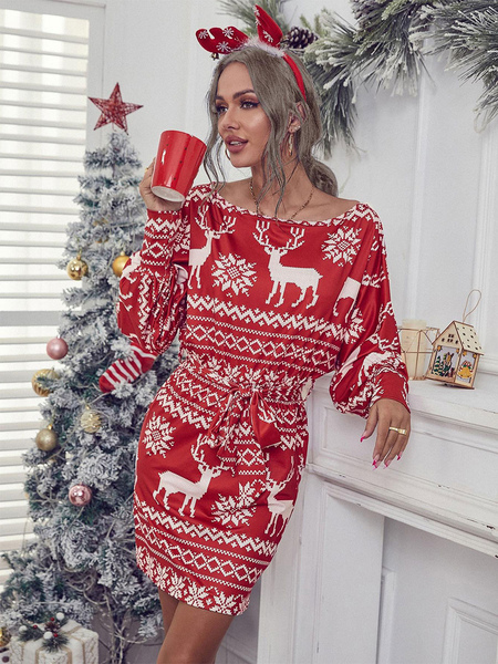 Party Dresses Red Lace Up Long Sleeves Christmas Pattern Semi Formal Dress
