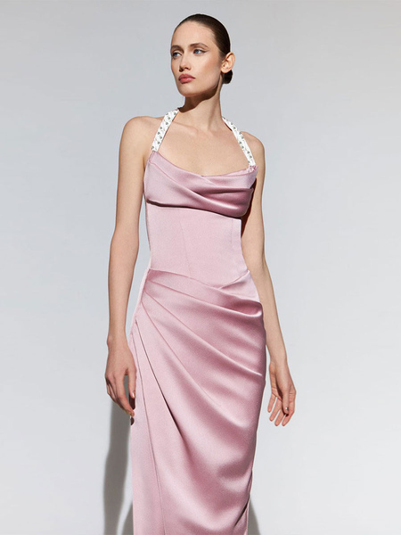 Cowl Neck Maxi Dress Sleeveless Polyester Sexy Zipper Floor Length Dress