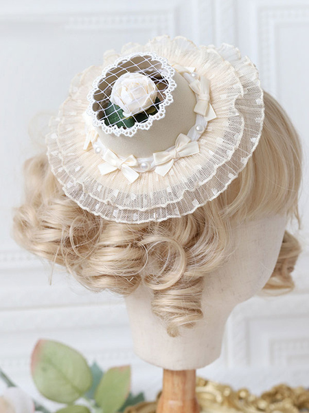 Image of ROCOCO Style Lolita Hat Ecru White Rose Ruffles Accessorio Accessori Lolita