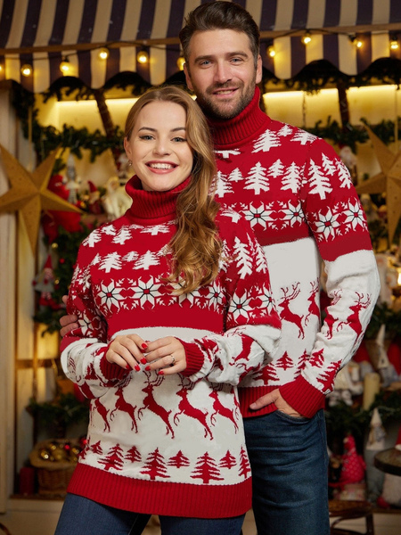 Image of Pullover da coppia Collo alto 2024 Maglioni natalizi in maglia
