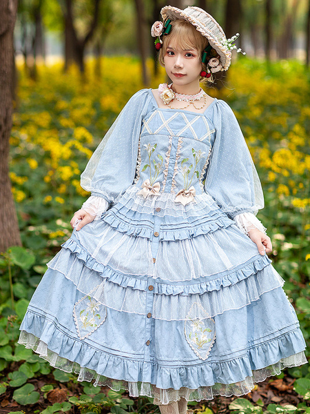 Image of Camicette Lolita classiche Infanta fiocchi maniche lunghe in pizzo Lolita Top Top Camicia Lolita blu grigia con stampa floreale