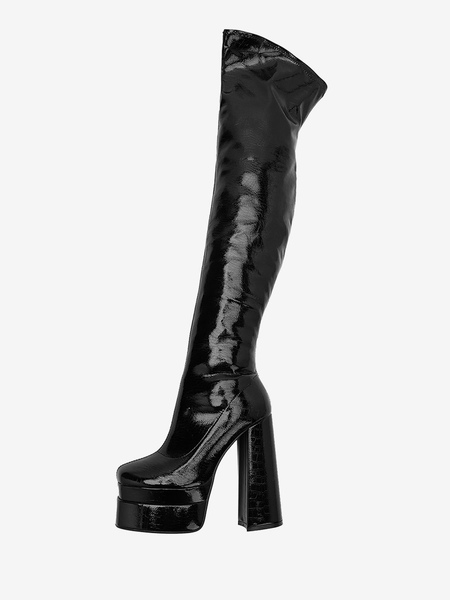 Image of Stivali sopra il ginocchio neri Stivali alti alla coscia con tacco grosso e piattaforma da donna
