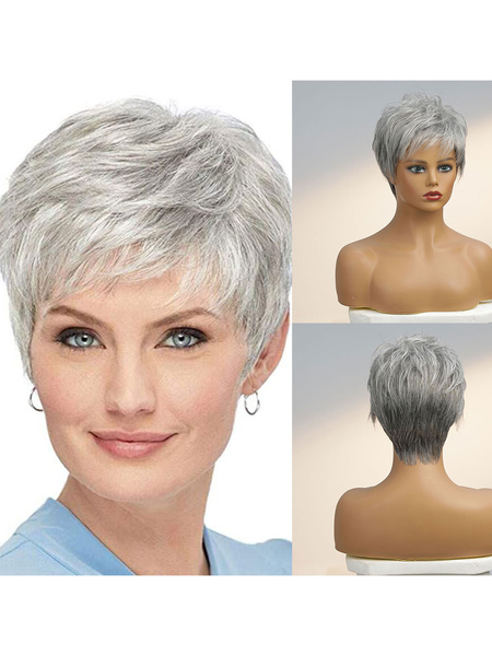 Image of Parrucche per capelli umani Parrucca corta corta a strati capelli lisci grigi per donna