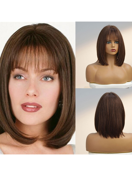 Image of Parrucche di capelli umani Parrucca media corta a strati di capelli misti marrone scuro per le donne