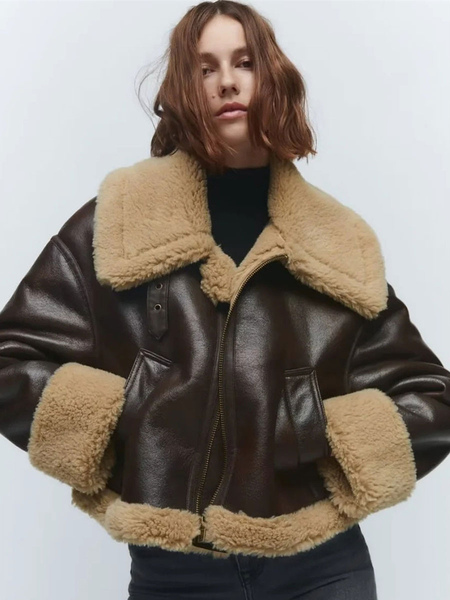 Image of Giacca da moto invernale in pelle PU per giacca corta double face per donna Capispalla invernale caldo