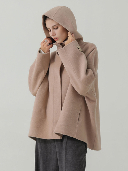 Image of Cappotto di lana da donna Cappotto invernale caldo con cappuccio color cammello
