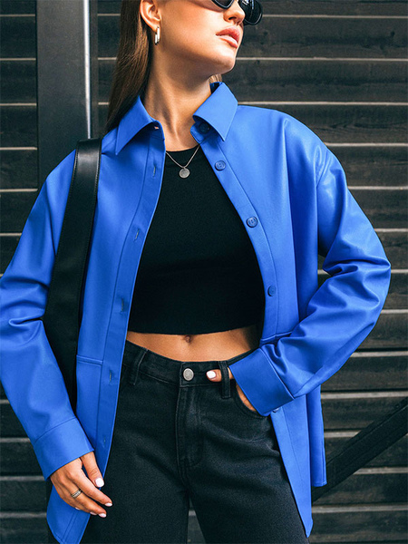 Women Jacket Turndown Collar Buttons PU Leather Outerwear