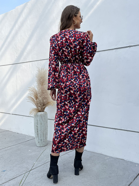 Floral Print Polyester V-Neck Long Sleeves Midi Dress