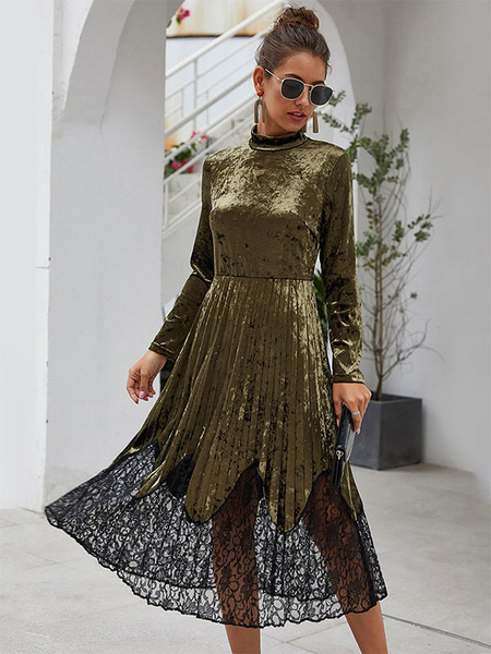 Lace Casual Stand Collar Long Sleeves Midi Dress