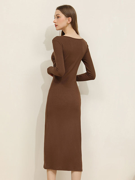 Polyester Casual Long Sleeves Midi Dress