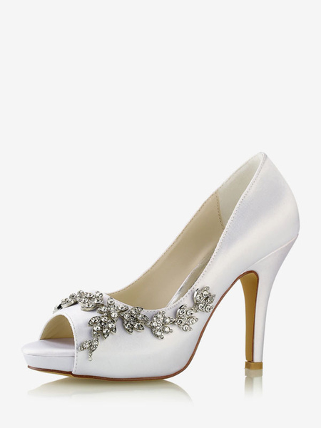 Image of Scarpe da sposa da donna in raso bianco con punta aperta e strass  scarpe da sposa con tacco grosso