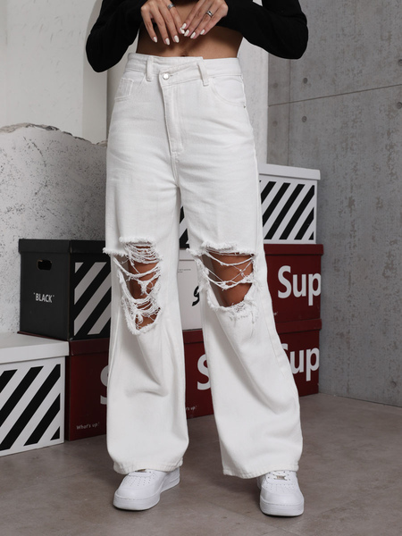 White Ripped Jeans For Woman Charming White Wide Denim Bottoms