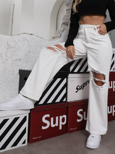 White Ripped Jeans For Woman Charming White Wide Denim Bottoms
