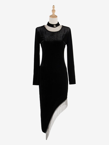 Velvet Dress Black Long Sleeves Fringe Velour Jewel Neck Women’s Clothing Winter Dresses