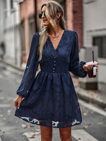 Skater Dresses V-Neck Long Sleeves Cut Out Sexy Flared Dress