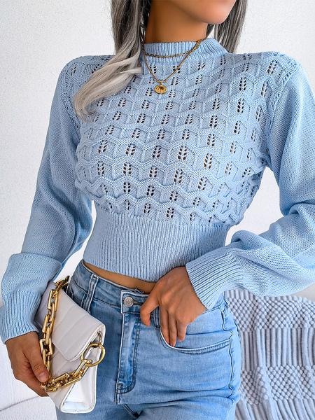 Pullovers For Women Blue Cut Out Jewel Neck Long Sleeves Acrylic Sweaters