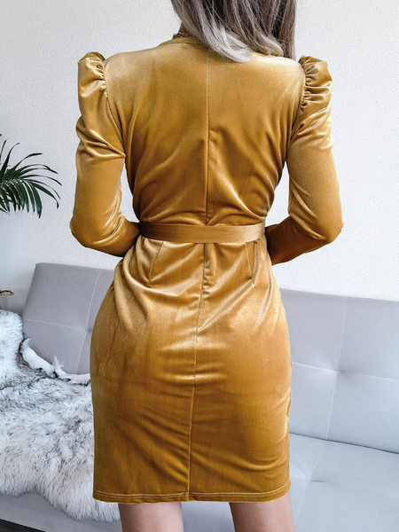 Women’s Clothing Dresses Velvet Dress Gold Long Sleeves Lace Up Velour V-Neck