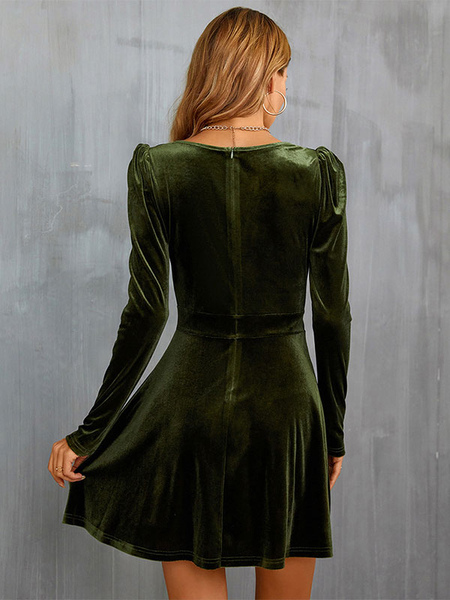 Women’s Clothing Dresses Velvet Dress Hunter Green Long Sleeves Velour V-Neck