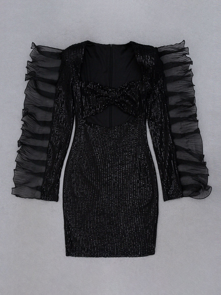 Party Dresses Black Sequins Long Sleeves Semi Formal Dress