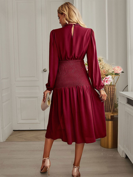 Polyester Jewel Neck Long Sleeves Midi Dress