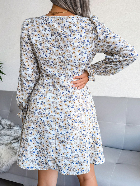 Mini Dresses Light Sky Blue Floral Print Long Sleeves Lace Up Chiffon Short Dress
