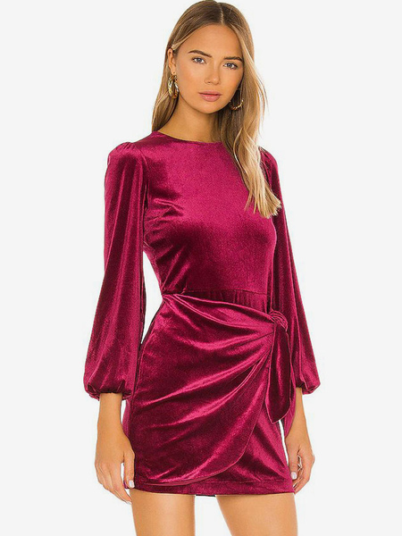 Women’s Clothing Dresses Velvet Dress Burgundy Long Sleeves Pleated Velour Jewel Neck Sexy Dresses