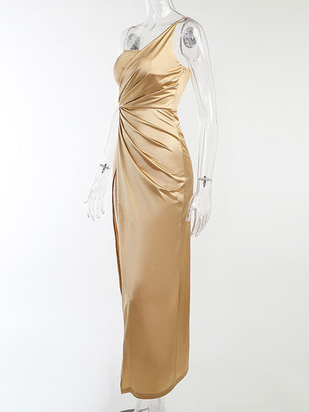 Maxi Dress One-Shoulder Sleeveless Polyester Sexy Floor Length Dress