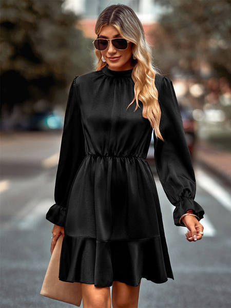 Mini Dresses Black Long Sleeves Polyester Short Dress