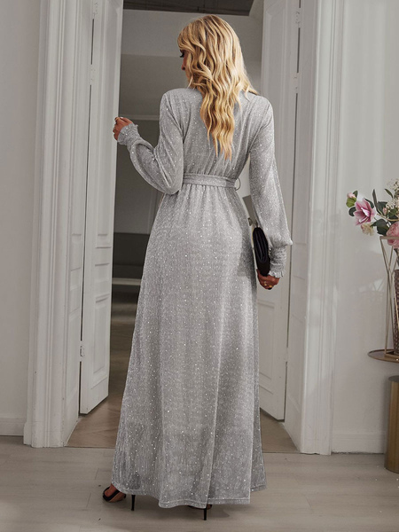 V-Neck Maxi Dress Long Sleeves Polyester Sexy Floor Length Dress