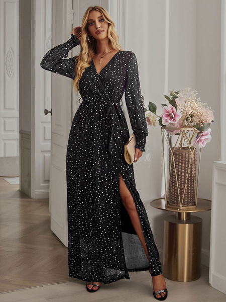 V-Neck Maxi Dress Long Sleeves Polyester Sexy Floor Length Dress