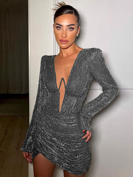 Party Dress For Women V-Neck Long Sleeves Sexy CLub Dress