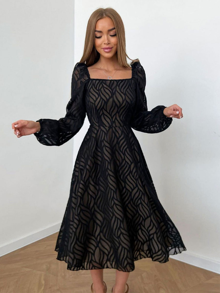 Pleated Stretch Polyester Casual Square Neck Long Sleeves Midi Dress