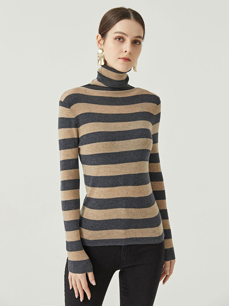 Women Pullover Sweater Black Stripes High Collar Long Sleeves Stretch Polyester Sweaters