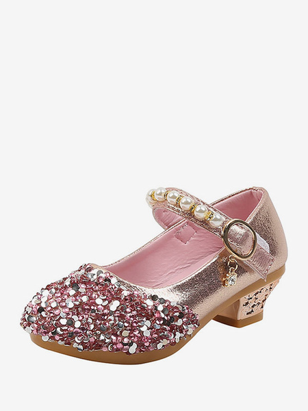 Image of Scarpe da ragazza di fiori Scarpe da festa con perle di stoffa con paillettes rosa per bambini