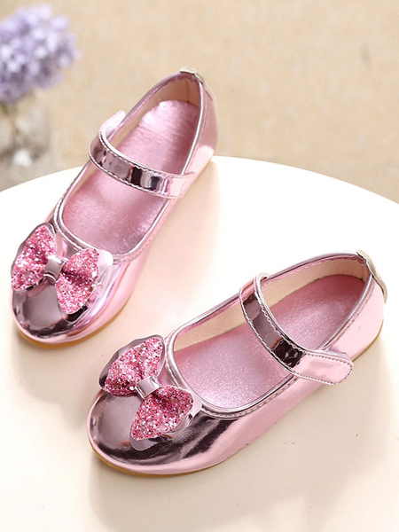Image of Flower Girl Shoes Scarpe da festa con fiocchi in pelle PU rosa per bambini