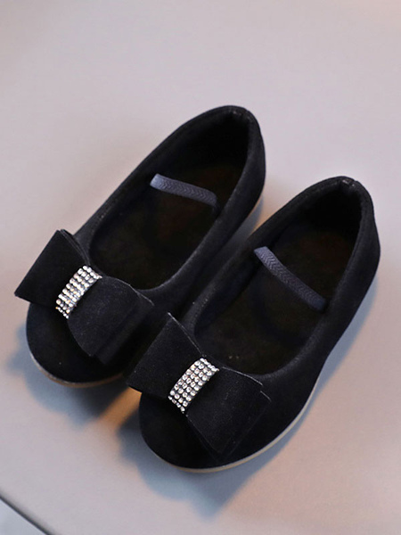 Image of Flower Girl Shoes Scarpe da festa con fiocchi in pelle scamosciata nera per bambini