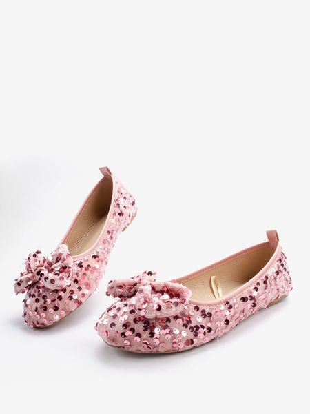 Image of Scarpe da ragazza di fiori Scarpe da festa con fiocchi di stoffa con paillettes rosa per bambini