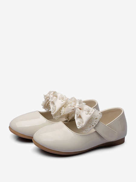 Image of Flower Girl Shoes Scarpe da festa con fiocchi in pelle PU bianco ecru per bambini
