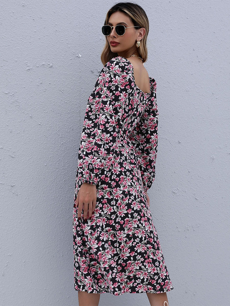 Women’s Midi Dress Classic Floral Print Knotted Long Dress