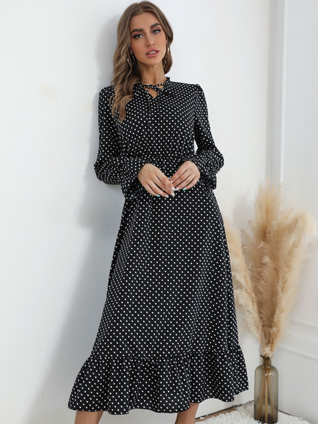 Polyester Casual Designed Neckline Long Sleeves Midi Dress