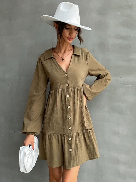 Buttons Casual V-Neck Long Sleeves Midi Dress