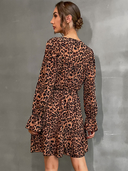 Animal Print Polyester Chic V-Neck Long Sleeves Midi Dress