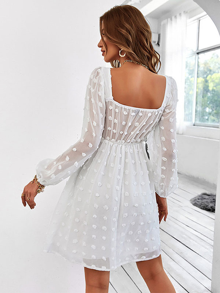 Mini Dresses White Long Sleeves Pleated Polyester Short Dress