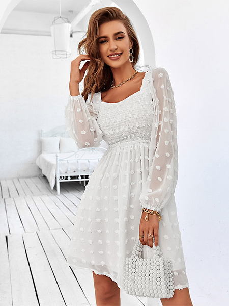 Mini Dresses White Long Sleeves Pleated Polyester Short Dress