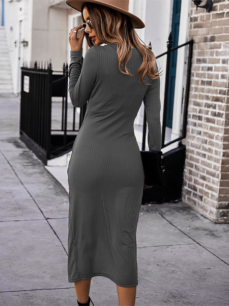 Pleated Stretch Polyester Casual V-Neck Long Sleeves Midi Dress